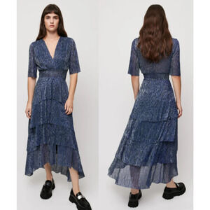 Maje Sheer Lurex Tiered Hi-Low Maxi Dress Blue Silver Women's Size 38 FR / US 6